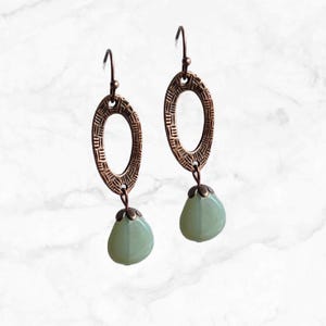 Sage Green Czech Glass Teardrop Earrings: Antiqued Copper Boho Jewelry