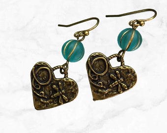 Dragonfly Earrings Brass Heart Charms for the Coastal Cowgirl Vibe -Aqua Czech Glass Beads - Trending Now