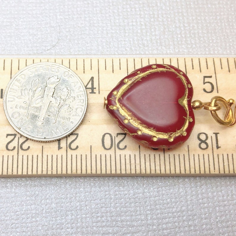 Handmade Red Glass Heart Earrings with Golden Details Perfect Valentine's Day Gift image 2