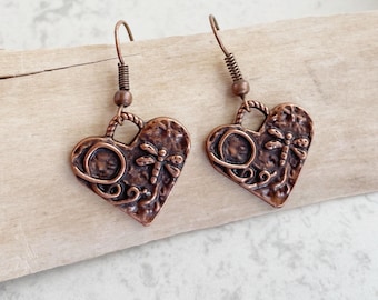 Rustic Dragonfly Heart Earrings - Boho Copper Earrings - Nature Inspired Gift