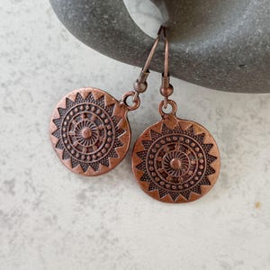 antique copper mandala drop earrings - sun charm earrings - gift for her - unisex jewelry