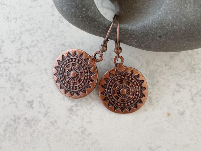 antique copper mandala drop earrings - sun charm earrings - gift for her - unisex jewelry