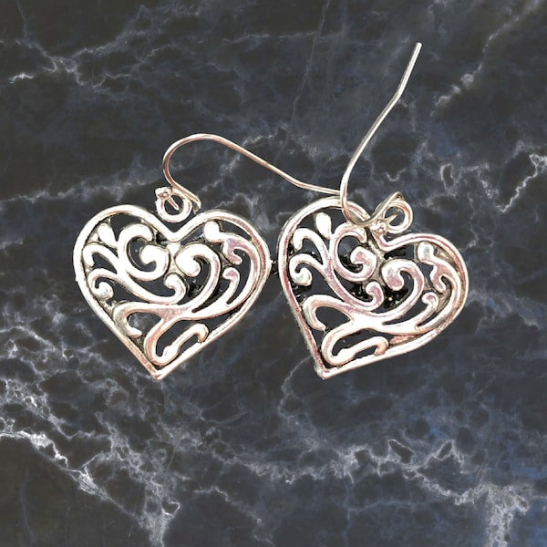 Silver Filigree Heart Dangle Earrings - Cute Earrings - Handmade Gift for Her - Best Seller