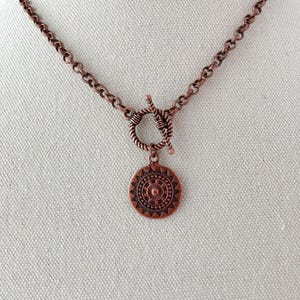 handmade chunky copper pendant necklace with Toggle Clasp and mandala pendant. Boho Layering necklace for women or men. Necklace gift for boyfriend, husban. Gift for women. Christmas gift, birthday gift, Etsy shop best seller.