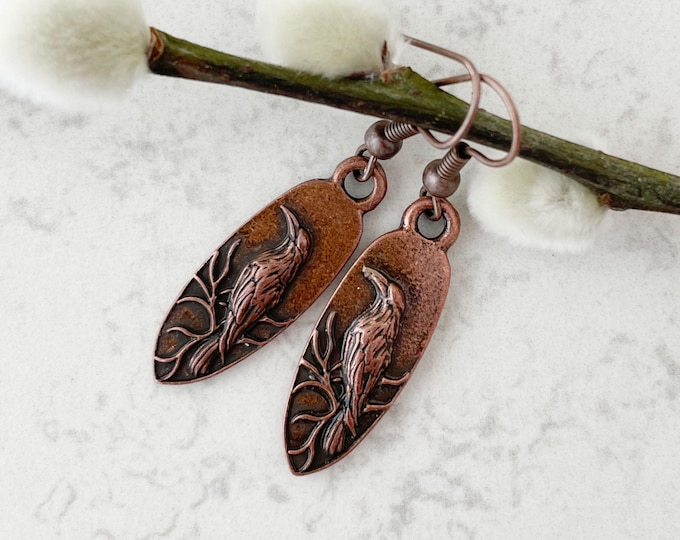 Raven Earrings in Antiqued Copper - Gothic Boho Jewelry - Dark Academia