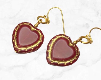 Handmade Red Glass Heart Earrings with Golden Details - Perfect Valentine's Day Gift