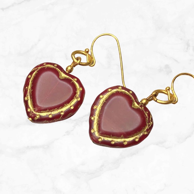 Handmade Red Glass Heart Earrings with Golden Details Perfect Valentine's Day Gift image 1