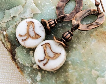 Ivory Bird Dangle Earrings, Ocean Inspired Nature Lover Jewelry, Boho Czech Glass Jewelry
