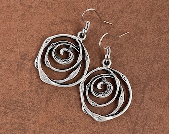 Silver Spiral Dangle Earrings – Rustic Boho Swirl Charms