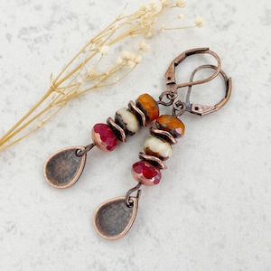 Copper Earth Tone Beaded Earrings: Orange, Red, Tan Czech Glass