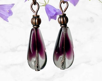 Plum Purple Teardrop Earrings: Czech Glass Drops
