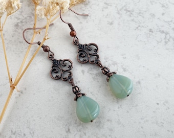 Sage Green Glass Teardrop Earrings: Antique Copper or Bronze Filigree