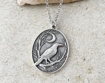 Gothic Raven Necklace in Silver - Crow Bird Moon - Dark Academia Layering Necklace