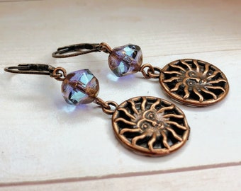 Copper Sun Earrings with Blue Beads - Purple Blue Beads - Czech Glass Boho Earrings - Celestial Jewelry - Gift for Her - Leverback