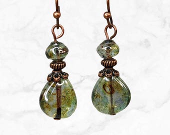 Earthy Green Teardrop Earrings - Rustic Woodland Czech Glass Beads - Sage Green - Unique Nature-inspired Boho Earrings