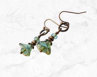 Aqua Green Flower Earrings: Cottagecore Czech Glass Dangles