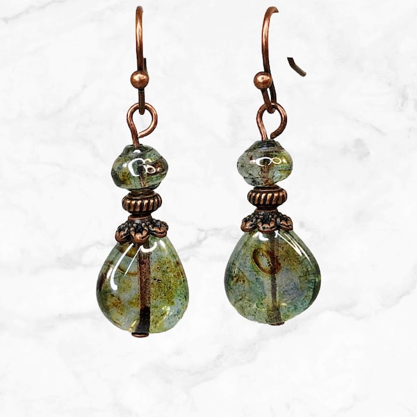 Green Woodland Dangle Earrings with Earthy Finish - Teardrop Earrings - Czech Glass Beads - Best Seller