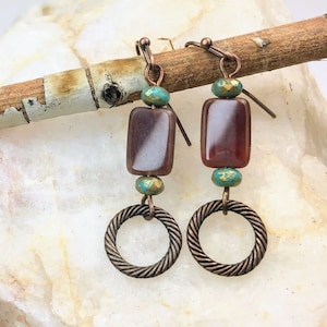 Chocolate Brown Bohemian Dangle Earrings in Antique Copper - Solid Brown Glass Earrings