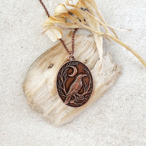Gothic Raven Necklace in Antiqued Copper, Crow Bird Moon, Dark Academia Layering Necklace