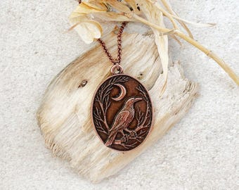 Gothic Raven Necklace in Antiqued Copper, Crow Bird Moon, Dark Academia Layering Necklace