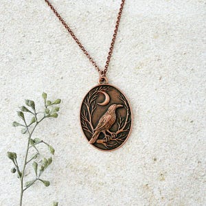 Gothic Raven Necklace in Antiqued Copper, Crow Bird Moon, Dark Academia Layering Necklace