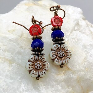 Red White Blue Flower Earrings - Czech Glass Earrings - Gift for Her