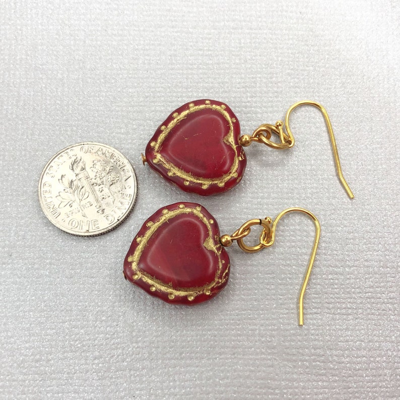 Handmade Red Glass Heart Earrings with Golden Details Perfect Valentine's Day Gift image 3