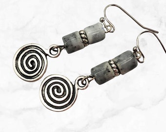 Grey Silver Boho Earrings -  Rustic Earrings - Spiral Dangle Drop Earrings - Handmade Gift for Women