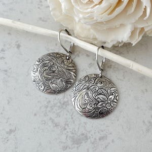 Silver Etched Flower Earrings - Disc Dangle Earrings