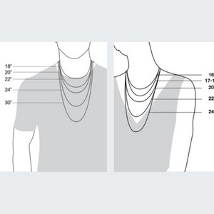 May include: A black and white line drawing showing two silhouettes wearing multiple necklaces to demonstrate length. The left figure displays lengths of 18, 20, 22, 24, and 30 inches. The right figure displays lengths of 16, 17-18, 20, 22, and 24 inches.