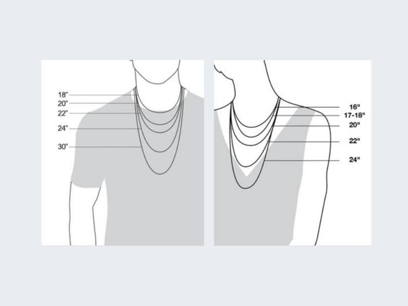 May include: A black and white line drawing showing two silhouettes wearing multiple necklaces to demonstrate length. The left figure displays lengths of 18, 20, 22, 24, and 30 inches. The right figure displays lengths of 16, 17-18, 20, 22, and 24 inches.