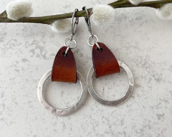 Boho Leather and Silver Ring Drop Earrings - Western Jewelry - Bohemian Earrings