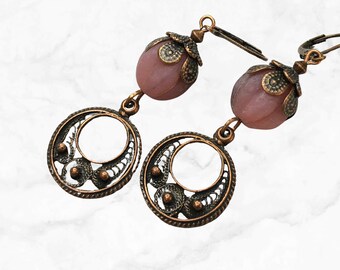 Handmade Bohemian Beaded Earrings in Copper with Pink Czech Glass Beads - Boho Dangle Earrings - Gift for Women