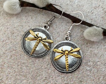 Dragonfly Earrings in Silver and Gold Mixed Metal, Boho Nature Jewelry