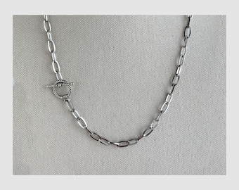 Silver Paperclip Necklace - Chunky Stainless Steel Chain - Toggle or Lobster Clasp