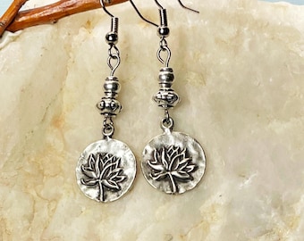 Silver Lotus Flower Earrings - Boho Dangle Earrings - Gift for Her