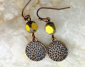 Yellow and Copper Hammered Disc Earrings - Boho Dangle Earrings - Leverback - Czech Glass Earrings - Artisan Earrings - Gift for Women