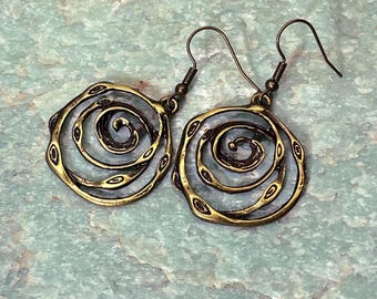 Bronze Spiral Drop Earrings: Organic Boho Charms