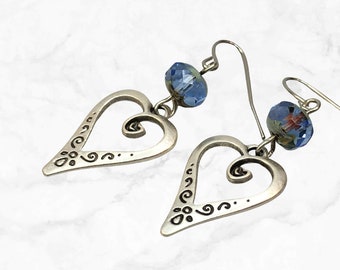 Silver Heart Earrings Blue Czech Glass Beads - Handmade Gift for Her - Boho Earrings