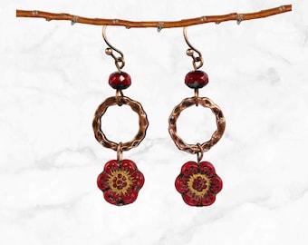 Red Flower Earrings - Copper Boho Jewelry - Statement Earrings