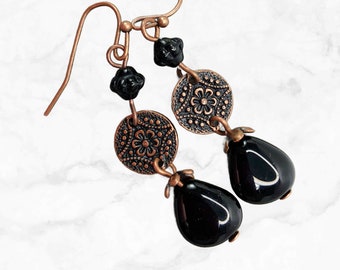 Long Black Czech Glass Teardrop Dangle Earrings - Copper Earrings - Bohemian Earrings
