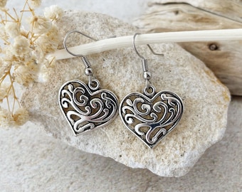 Silver Heart Charm Earrings, Dainty Heart Shaped Filigree Dangles