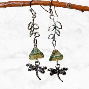 Dragonfly Earrings in Silver and Green - Boho Cottagecore Jewelry - Long Bohemian Earrings