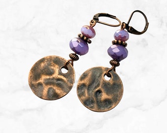 Lavender Bead Earrings with Copper Disc Dangles - Bohemian Earrings - Czech Glass Beads