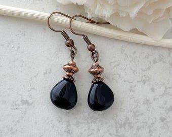 Black Boho Teardrop Earrings: Czech Glass, Copper Accents