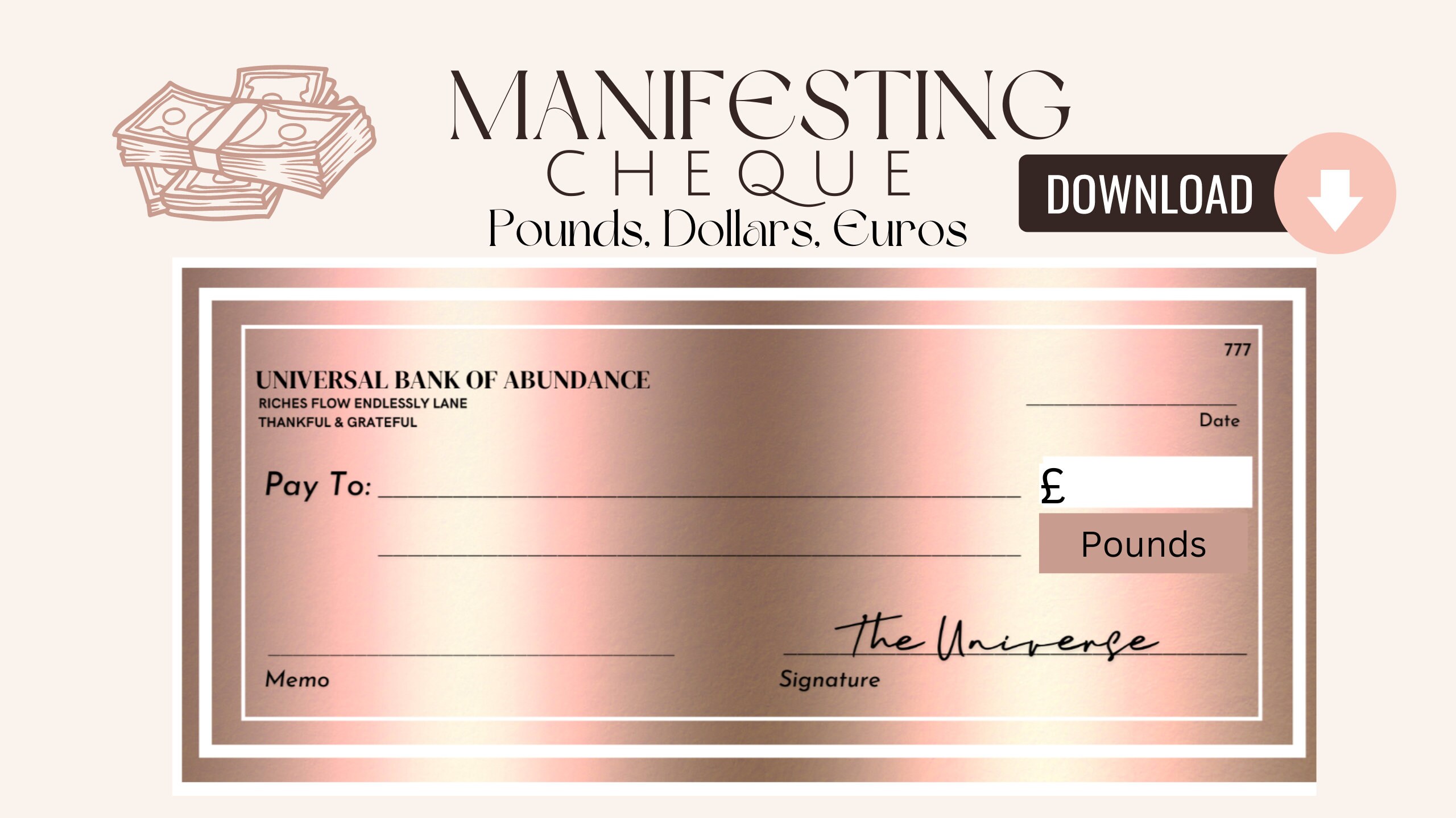 Law Of Attraction Money Manifesting Blank Check Cheque Blank GBP 