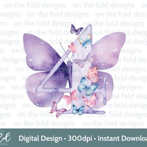Farfalla Clipart 4° compleanno Numero Quattro Lilla Viola Immagine PNG Download istantaneo Sublimazione Creazione di biglietti per torta Topper Party UVDTF