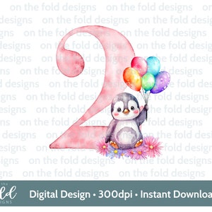 Diseño de pingüino número segundo segundo cumpleaños, flores y globos. Diseño de imágenes prediseñadas PNG, descarga instantánea de imágenes prediseñadas transparentes, sublimación