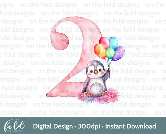 Penguin Number Second 2nd Birthday design, flowers and balloons. PNG clipart design, transparent clipart image instant download, sublimation