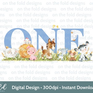 Bleu ferme cour animaux PNG Clipart 1er anniversaire Tshirt carte Design DTF DTG impression par sublimation téléchargement immédiat fille une invite autocollant